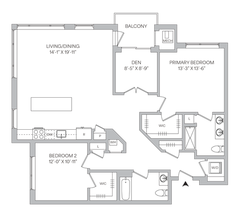 Floor plan for 2 beds, 2 baths, 1432 sqft